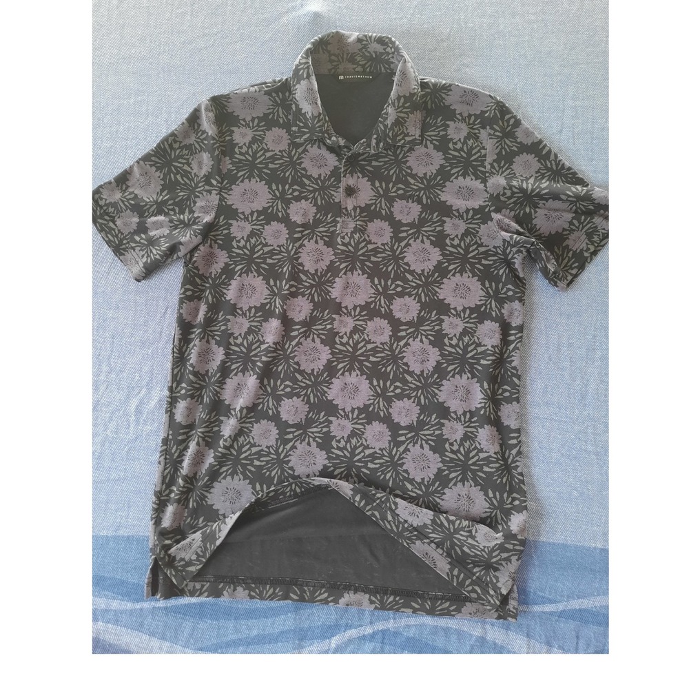 TravisMathew Men Large All Print Floral Polo Shirt Grey Purple Short Sleeve Golf